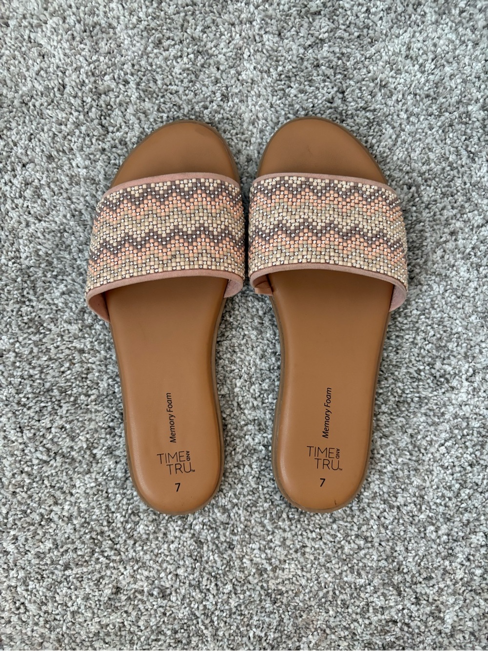 Time and Tru Tan Slide Sandals with Pink Beaded Straps